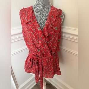 Max studio Womens Red Floral Wrap Ruffle Blouse Size XL